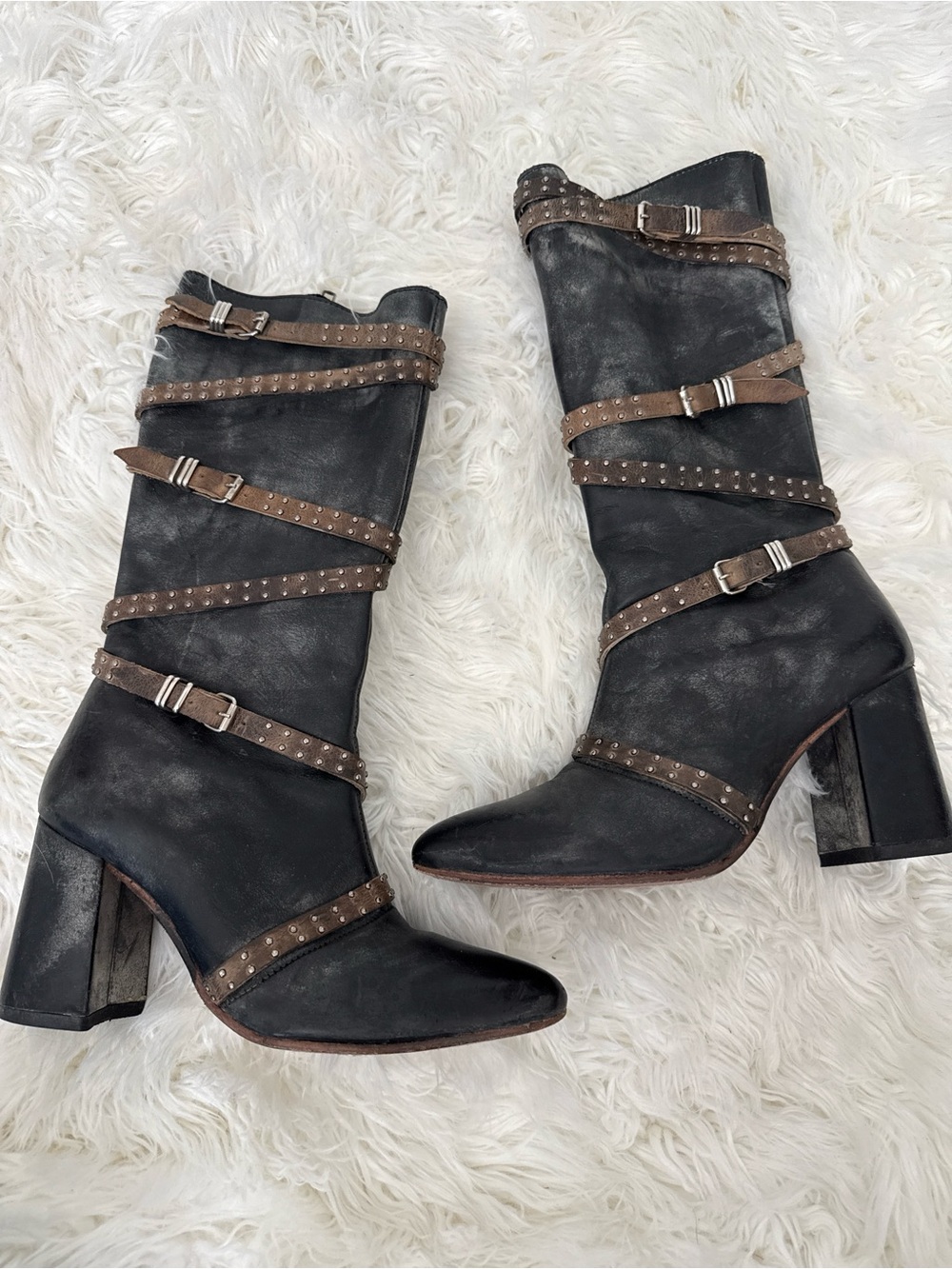 Freebird Jax Black Mid-Calf Heeled Boots with Brown Studded Straps